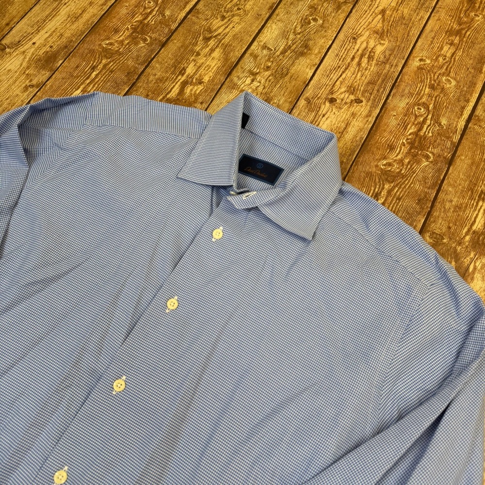 David Donahue Dress Shirt Mens 16 32/33 Blue Micro Check Cotton Spread Collar